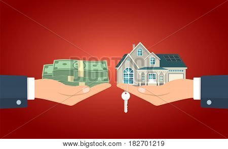 Hand giving the cash to the hand with the house and keys vector illustration.