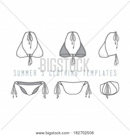 Vector illustration of female clothing set. Blank vector templates of swimwear in front, back, side views. Fashion design in beach style. Isolated on white background. Female bikini set.