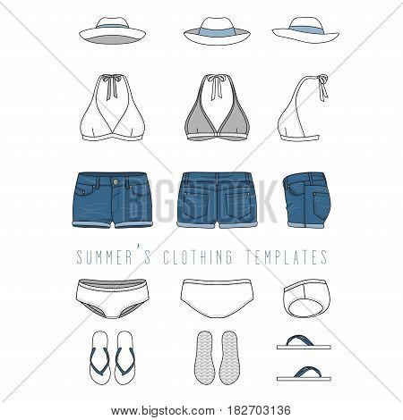 Vector illustration of female beach clothing set - bikini swimwear, jeans shorts, hat, footwear. Blank vector templates in front, back, side views. Isolated on white background.