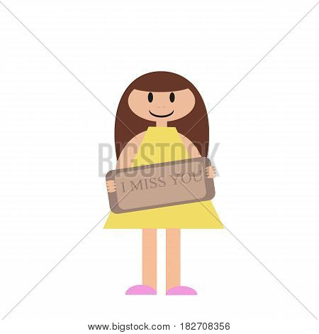 Illustration of a girl with a sign with an inscription in her hands. Colored.