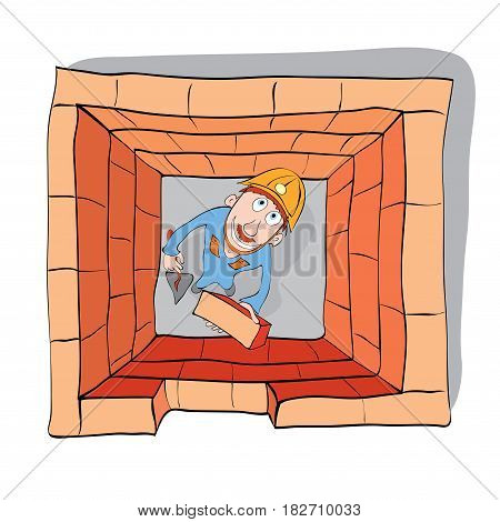 Cheerful builder puts the last brick in the wall / basic mistakes in construction