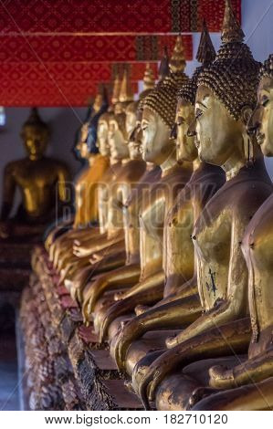 Row of Buddhas placed in a temple in Bangkok