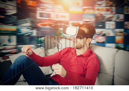 Man wears virtual reality glasses with smartphone inside. vr glasses virtual reality glass 3d abstract light concept