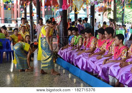 BANGKOKTHAILAND-APRIL 162017: celebrates the Songkran Festival in the Thai-Mon style at Bangkradi Temple bangkuntien featuring a magnificent parade. Visitors can learn how to play saba enjoy a Mon folk play
