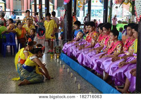 BANGKOKTHAILAND-APRIL 162017: celebrates the Songkran Festival in the Thai-Mon style at Bangkradi Temple bangkuntien featuring a magnificent parade. Visitors can learn how to play saba enjoy a Mon folk play