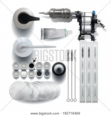 Realistic mock up with tattoo stuff. All objects are isolated from each other. Top view design for showing sketches