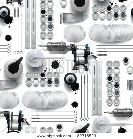 Realistic top view tattoo stuff. All objects are isolated from each other. Vector semless pattern