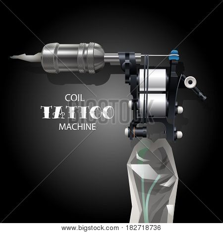 Realistic vector coil tattoo machine isolated on black background