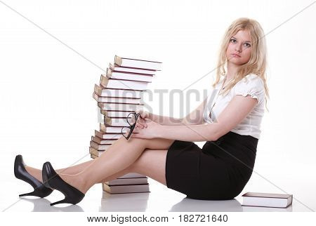 Beautiful Young Woman With Books White Background