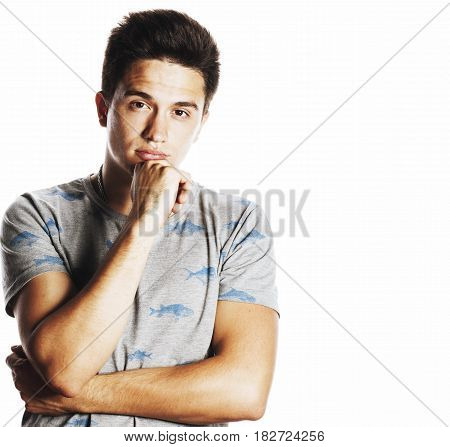 young attractive real man isolated thinking emotional on white close up gesturing smiling
