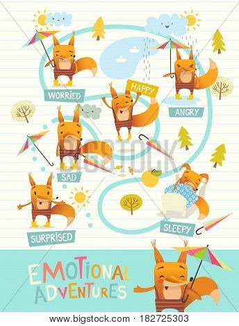 Funny fox with colorful umbrella expressing different emotions. Cartoon character s facial expressions. Emotional intelligence development concept. Vector illustration for banner, poster, website