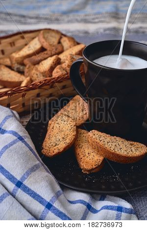 milk and bakery products on the towl