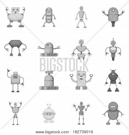 Robot icons set in monochrome style isolated vector illustration