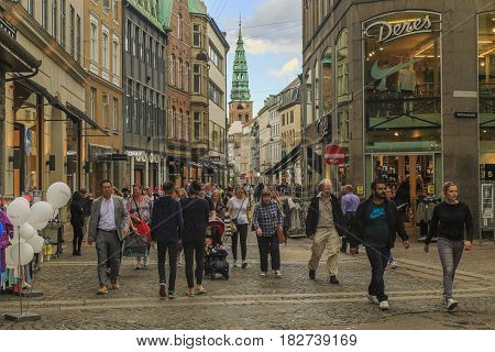 COPENHAGEN, DENMARK - JUNE 29, 2016: This is part of the pedestrian area of Stroget.