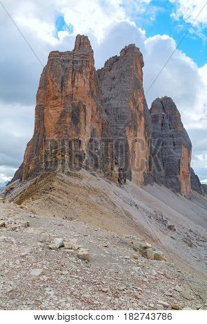 Tre Cime di Lavaredo in beautiful surroundings in the Dolomites in Italy Europe (Drei Zinnen)