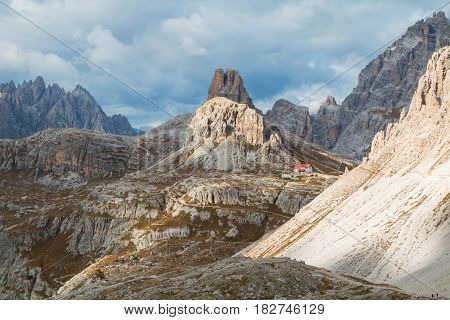 Beautiful mountains and mountain peaks of the Dolomites in Italy. National Park Tre Cime di Lavaredo