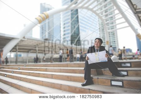 Business man with success feeling in the city with vintage style