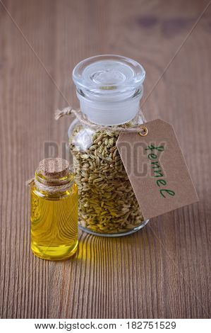 fennel essential oil and seeds selective focus