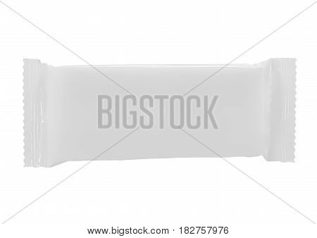 Top view of blank plastic pouch snack packaging for chocolate wafers on white background