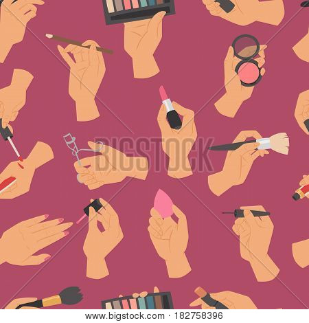 Collection of makeup cosmetics and brushes in hands isolated on white background vector illustration. Fashion female professional accessories brush glamour cosmeti seamless pattern