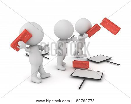 3D illustration of violent protesters throwing bricks. Image depicting protest turning violent.