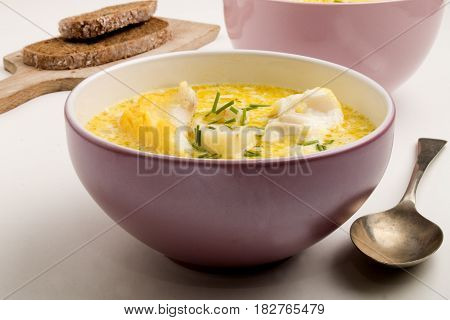 cullen skink scottish home made soup with smoked haddock potato and onion also called haddock chowder with cream and chive