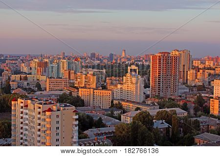 Dormitory area of Kyiv city on the beautiful sunset, Ukraine