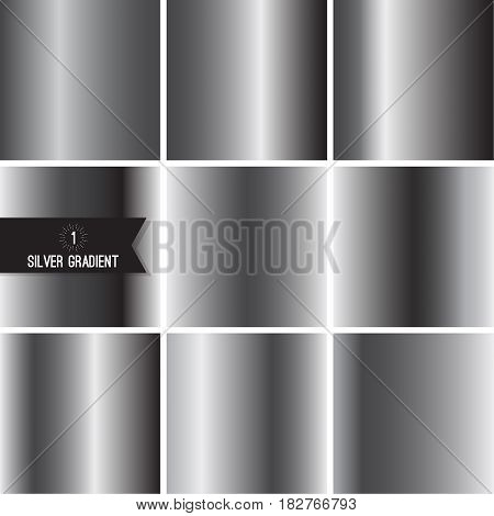 Set of silver foil texture background. Collection grey, chrome  vector elegant gradient. Aluminum industrial pattern design.