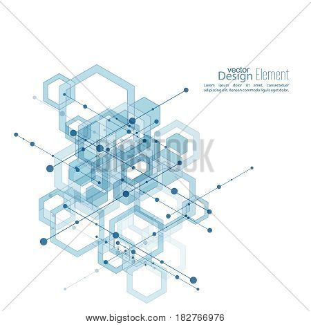 Abstract neat  Background with transparent cubes, hexagons carcass. Techno design of future, minimalism. technology, science and research. cyberspace cells. Digital Data Visualization. blue, vector