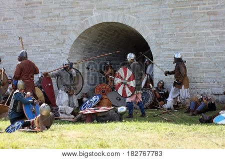 Staraya Ladoga Russia - July 17 2016: Festival The first capital of Russia devoted to the birth of the Russian state in 862. Re-enactment of a medieval battle.