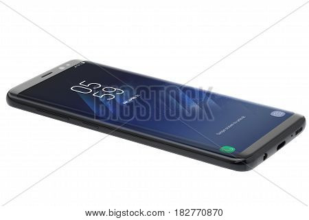 Koszalin, Poland - 21 April, 2017:The new photo of black Samsung Galaxy S8. Samsung S8 are new generation smartphone from Samsung. The Samsung S8 is smart phone with multi touch screen