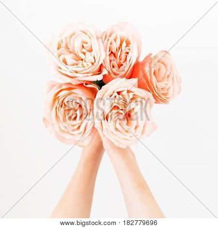 Floral background. Bouquet of pink roses in feminini hands on white background. Flat lay, top view.