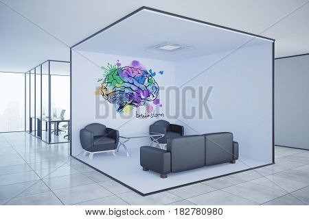 Modern office interior with lounge area workplaces and brain sketch on wall. Brainstrom concept 3D Rendering