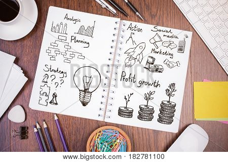 Top view of wooden office desktop with business drawings in notepad coffee cup supplies kyeboard and other items. Profit concept