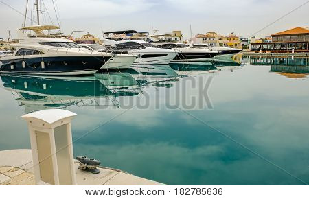 Speed boats moored in Limassol marina Cyprus in Springtime