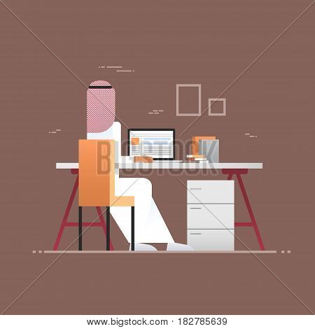 Arab Business Man Using Laptop Computer Back Rear View Muslim Entrepreneur In Modern Office Flat Vector Illustration