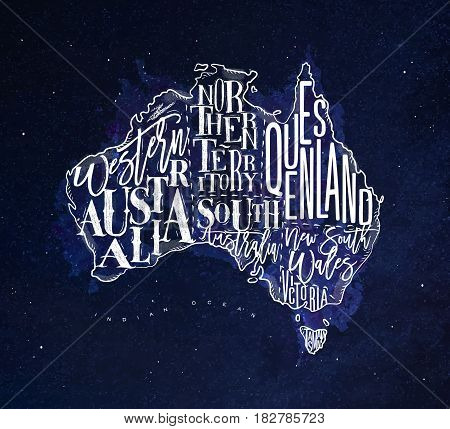 Vintage australia map with regions inscription western northern south australia queensland victoria tasmania drawing with chalk on blue background