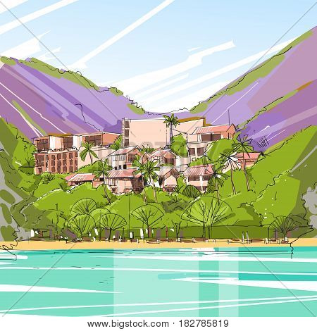 Real Estate Big Modern Villa House In Tropical Forest Skecth Vector Illustration