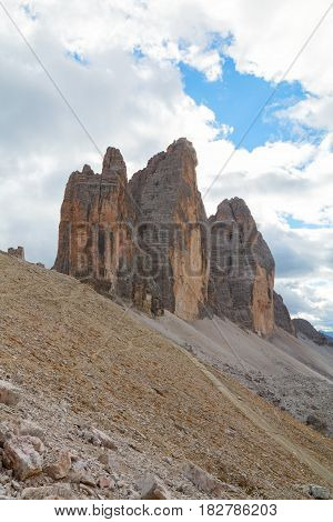 Tre Cime di Lavaredo in beautiful surroundings in the Dolomites in Italy Europe (Drei Zinnen)