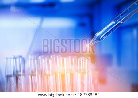 Lab experiment. Laboratory concept background.
Tubes during experiment in laboratory. Colorful bokeh.