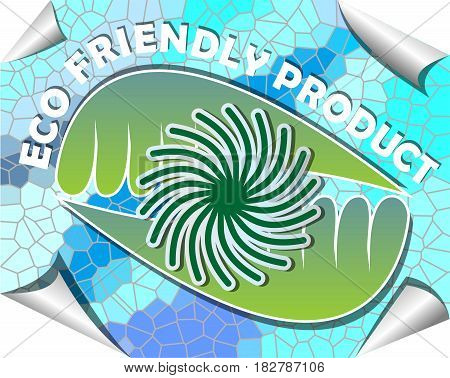 Label for recyclable product with green and blue mosaic design with rolled paper corners