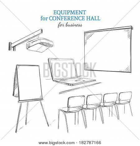 Hand drawn business presentation equipment set with projector flipchart whiteboard laptop and chairs isolated vector illustration