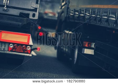 Trucks Heavy Traffic on the Country Border Highway. Border Custom Traffic.