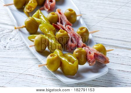 Gilda pinchos with olives and anchovies tapas from Spain