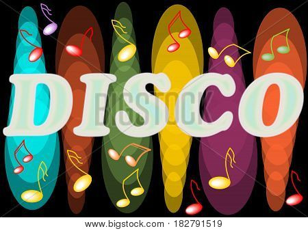 Disco billboard with neon lights and music symbols on the black background