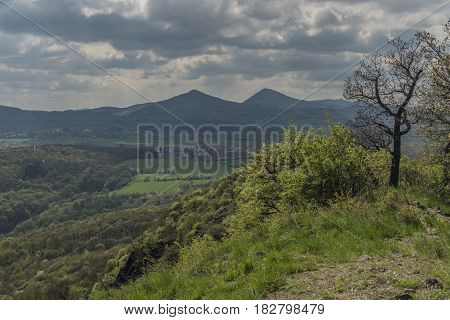 View from Skalky point over Labe river in spring cloudy day