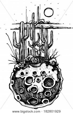 Hand drawn vector illustration or drawing of a moon with some cactus and desert plants on it