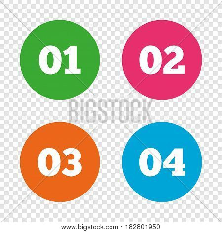 Step one, two, three and four icons. Sequence of options symbols. Loading process signs. Round buttons on transparent background. Vector