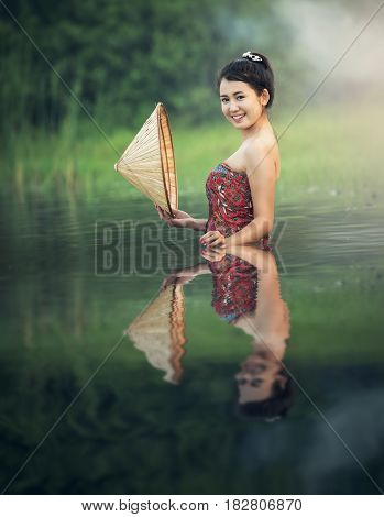 Asian sexy women bathing at river in Thailand
