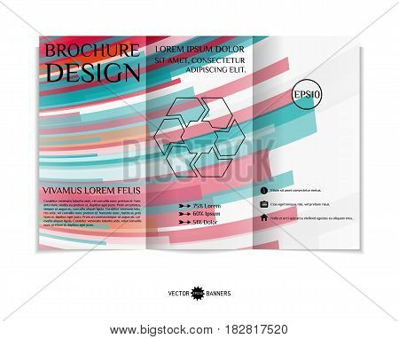 Tri-fold brochure template with modern geometric background. Three-fold leaflet design with random lines and tripes. Vector illustration.